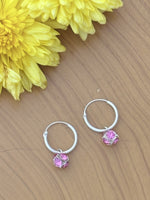 Load image into Gallery viewer, Silver Baby Hoops with pink stones