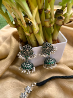 Load image into Gallery viewer, Green Stone Silver Chandbali Earrings