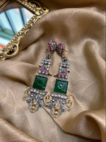 Load image into Gallery viewer, Peacock Carved Green Stone Earrings