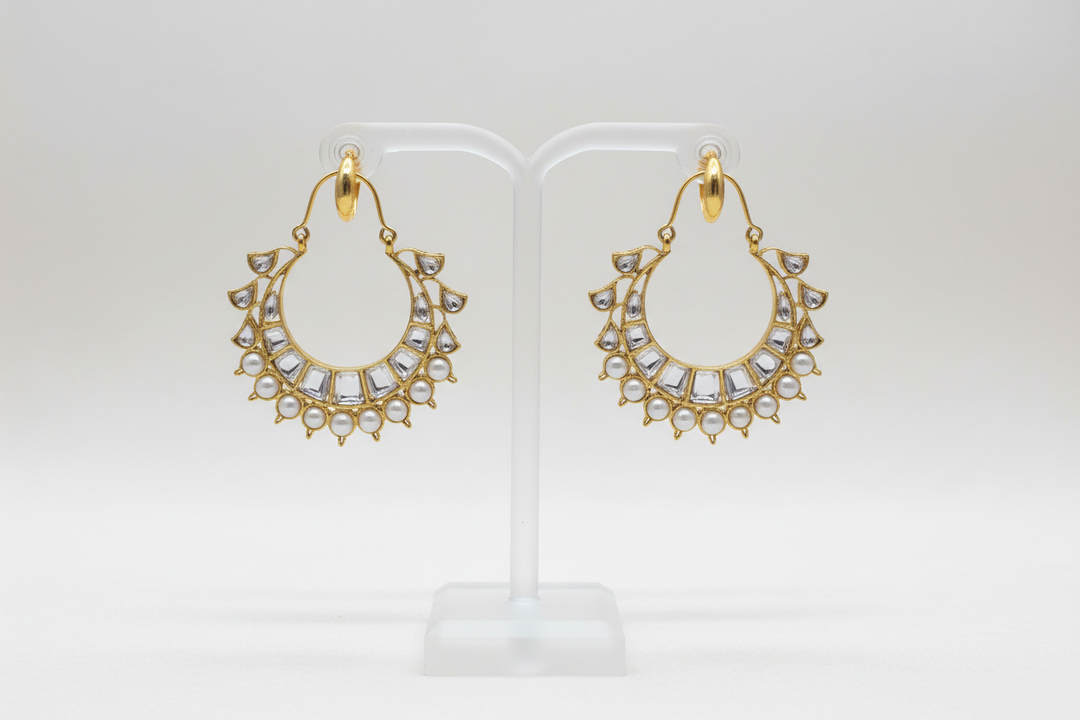 Kundan Pearl Crescent Chandbalis