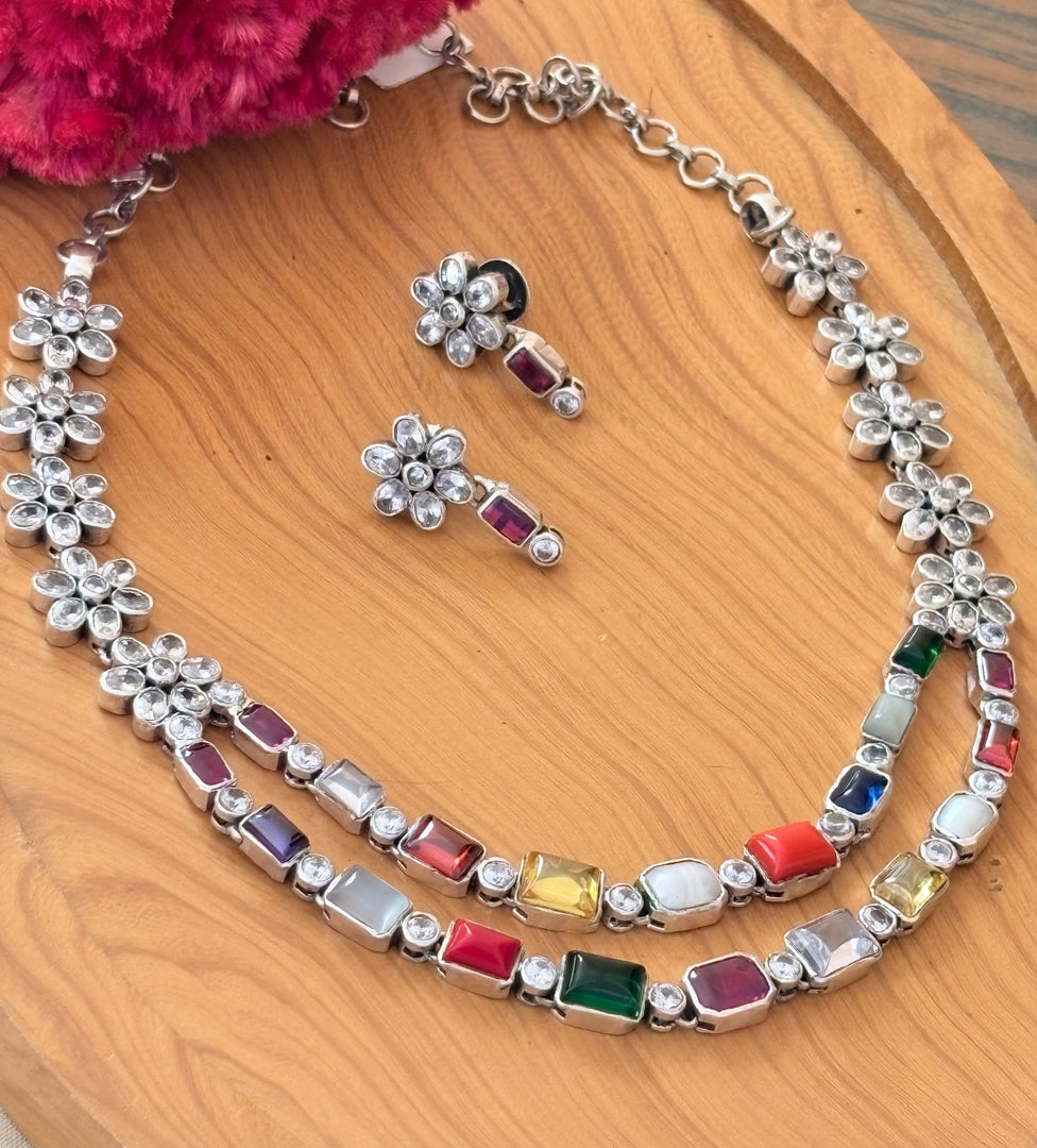 Navratna Necklace with Floral Design