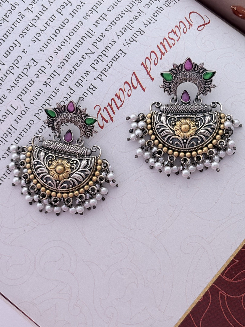 Oxidised Silver Temple Motif Earrings