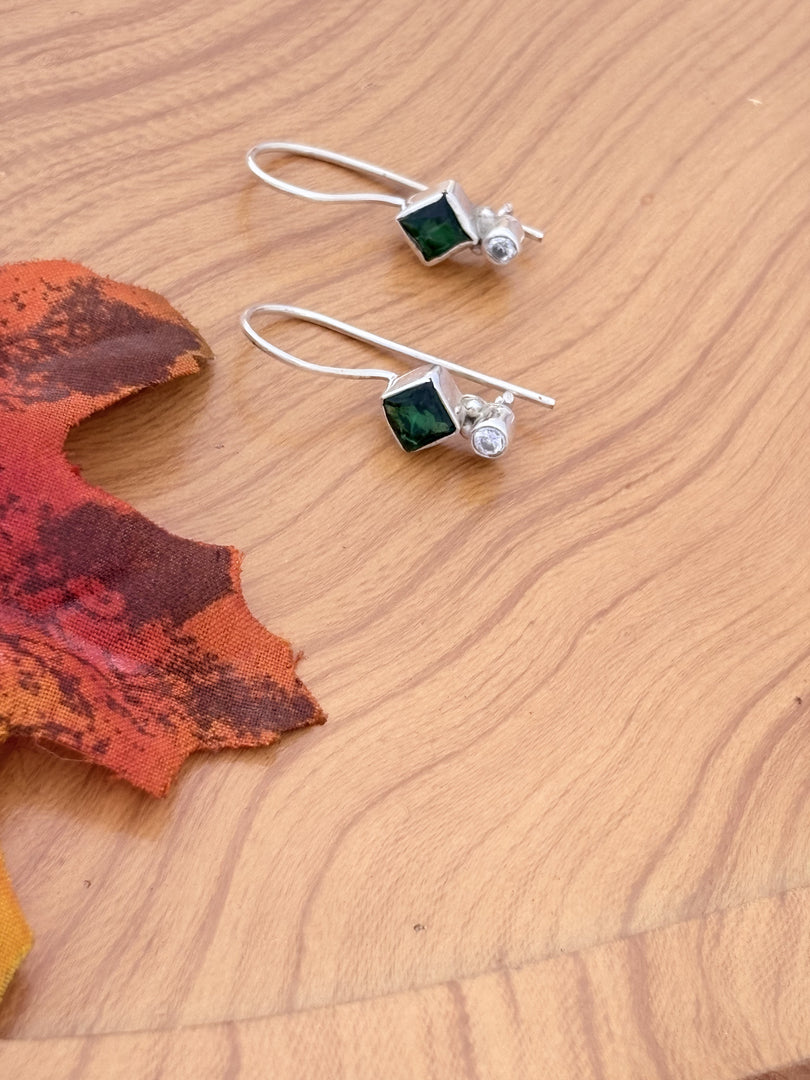 Square Green Stone Silver Earrings