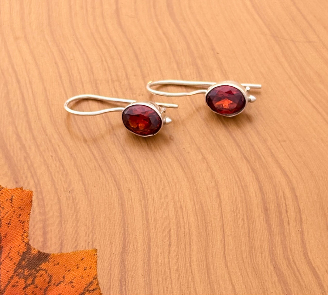 Silver Garnet Oval Earrings