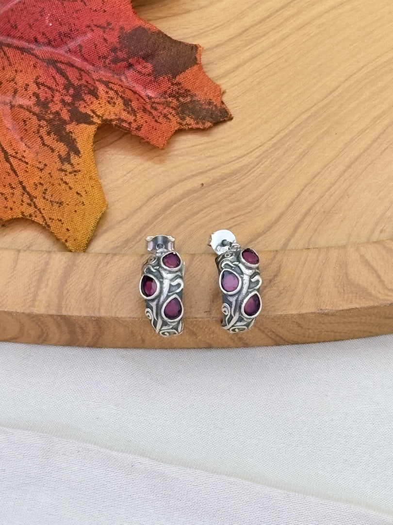 Silver Ruby Stone Hoop Earrings