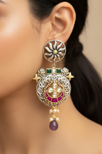 Load image into Gallery viewer, Antique Floral Kundan Silver Earrings
