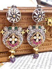 Antique Floral Kundan Silver Earrings