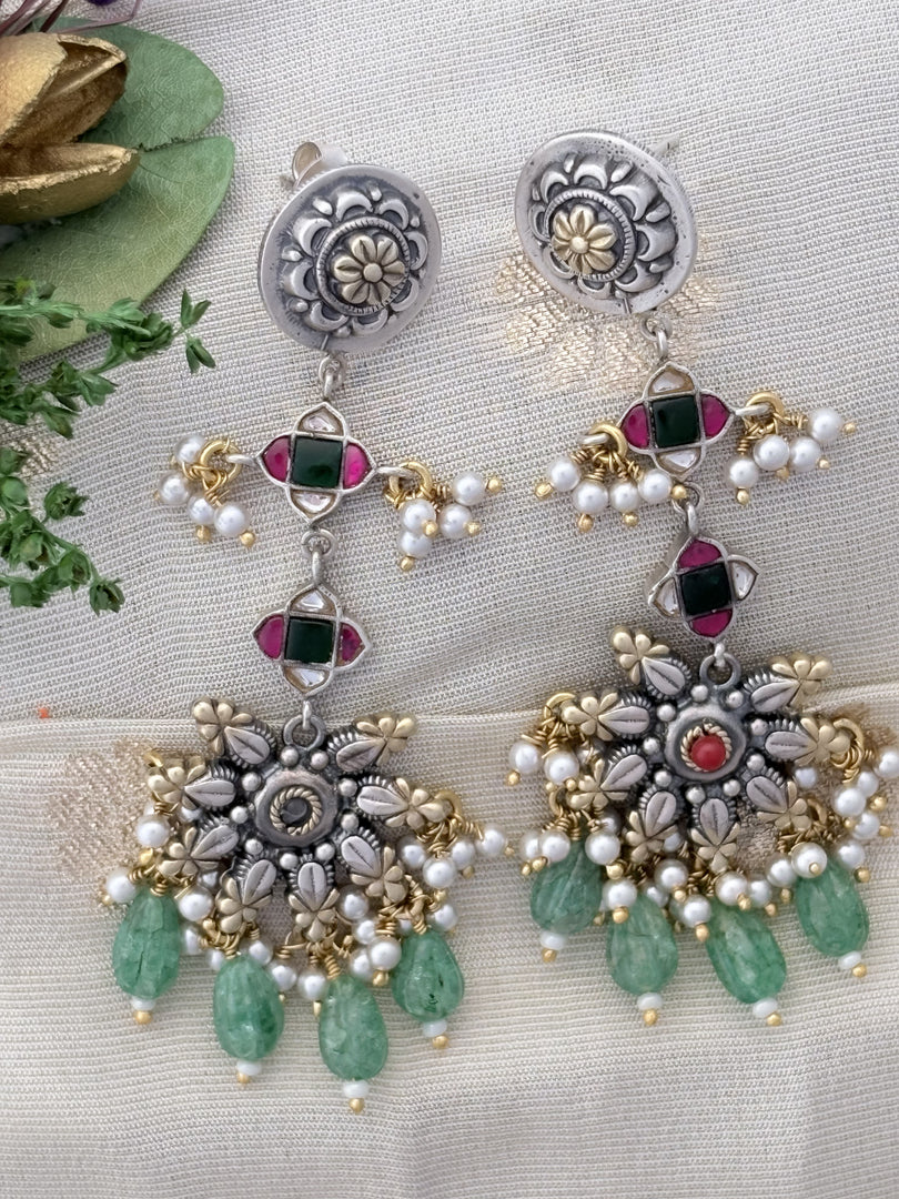 Temple-Style Earrings with Green Beads