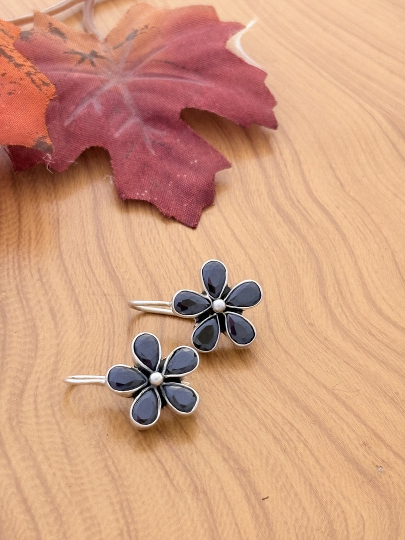 Silver Black Enamel Flower Earrings