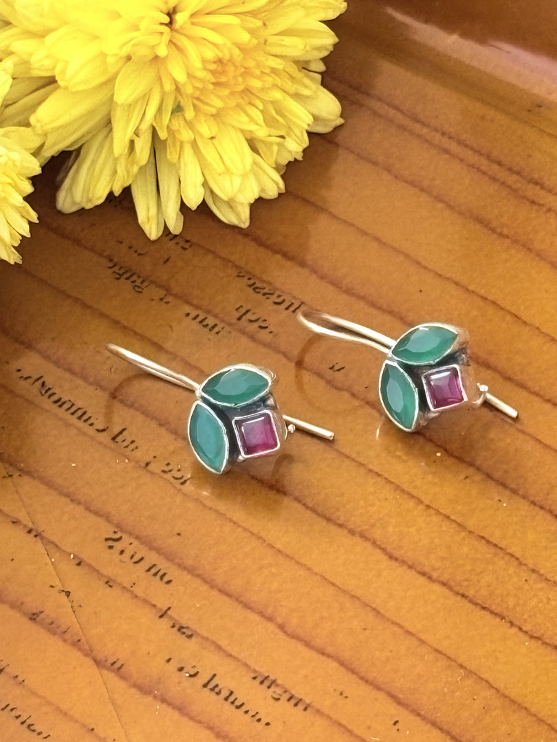 Floral Silver Earrings with Green & Red Stones