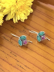 Floral Silver Earrings with Green & Red Stones