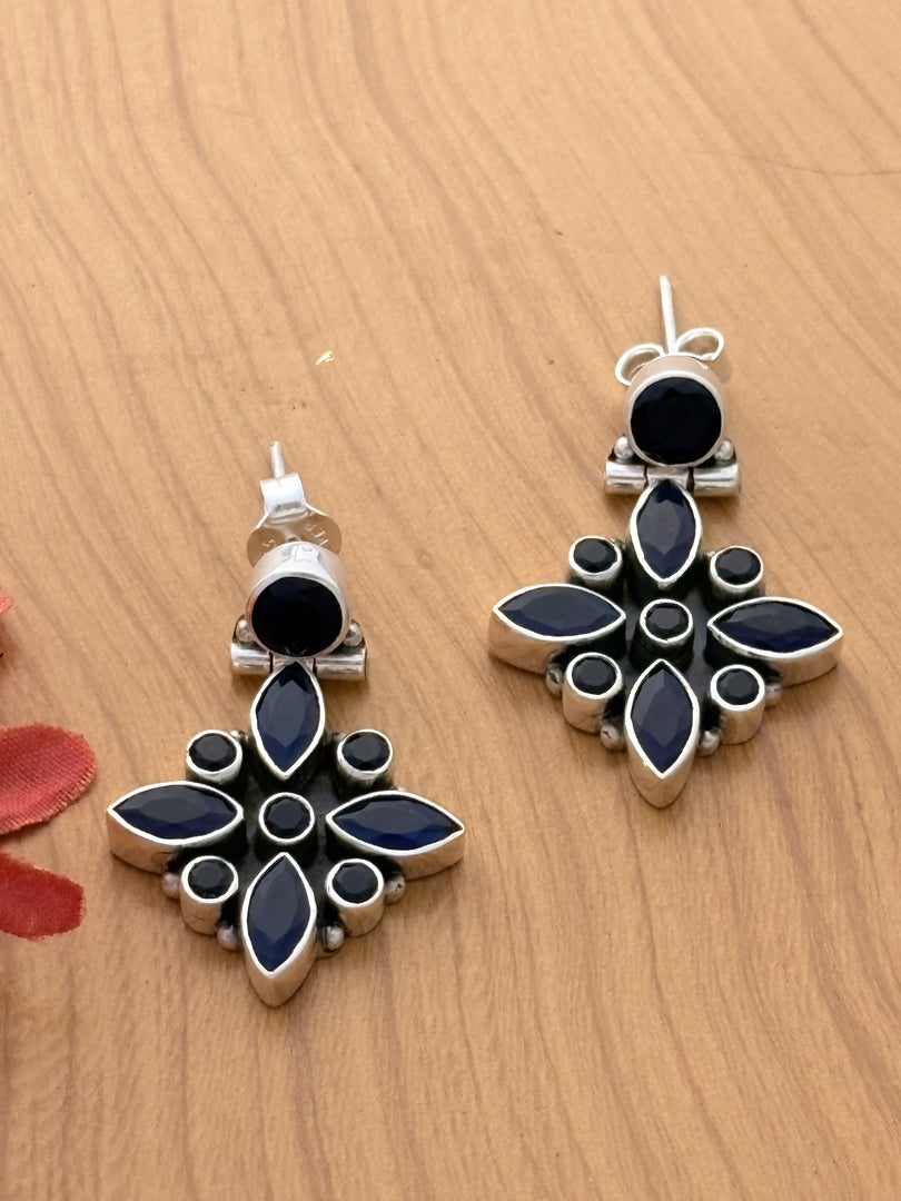 Silver Blue Stone Floral Earrings