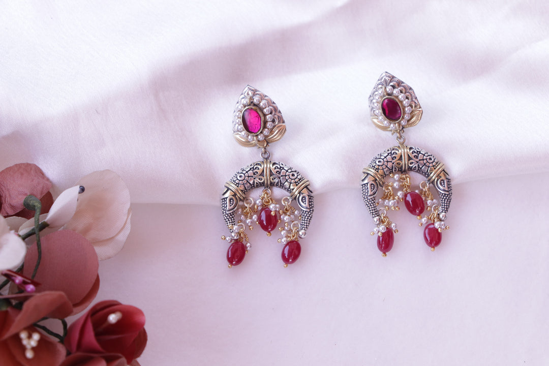Antique Silver Earrings with Ruby Red Stones