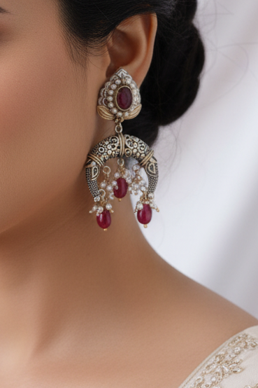 Antique Silver Earrings with Ruby Red Stones
