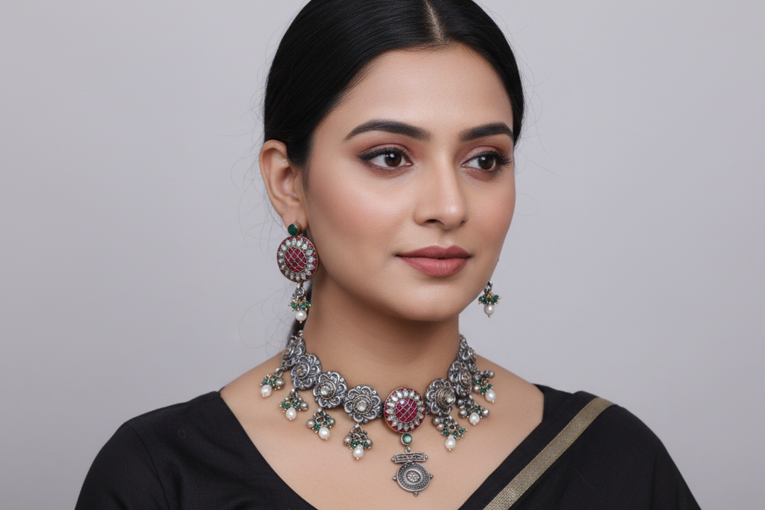 Dual tone choker with floral design