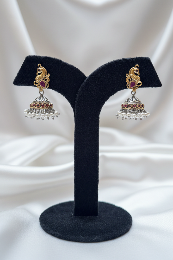 Peacock Design Ruby Pearl Jhumkas