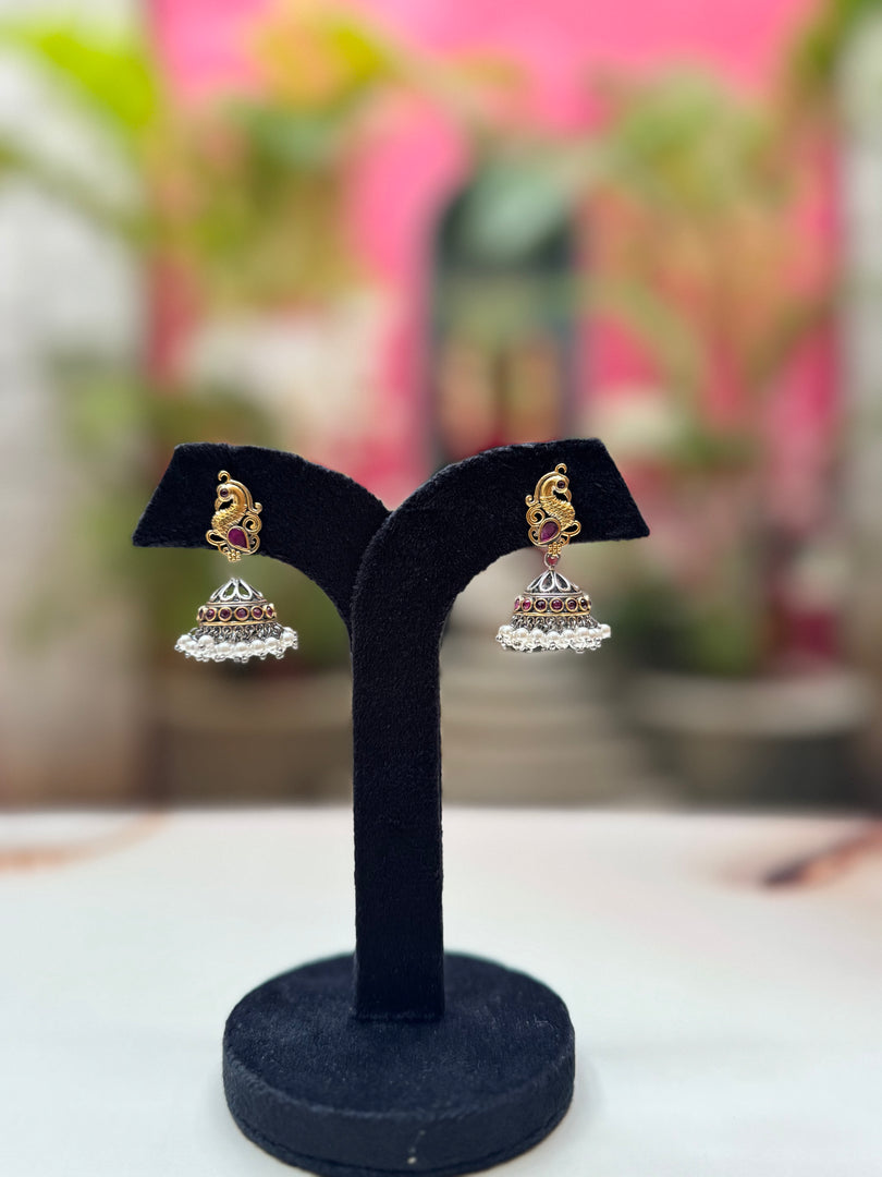 Peacock Design Ruby Pearl Jhumkas
