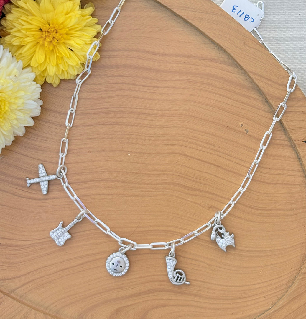 Silver Charm Necklace with Music & Travel Motifs