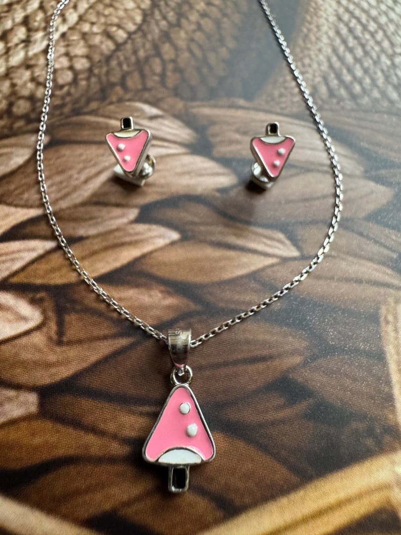 Pink Mushroom Silver Pendant Set