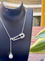 Load image into Gallery viewer, Silver Safety Pin Necklace with Pearl Drop.

