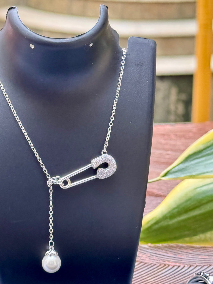 Silver Safety Pin Necklace with Pearl Drop.