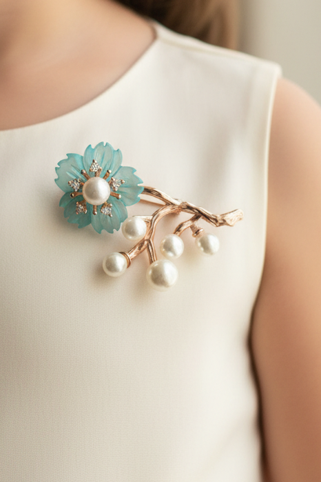 Blue Blossom Branch Pearl Brooch
