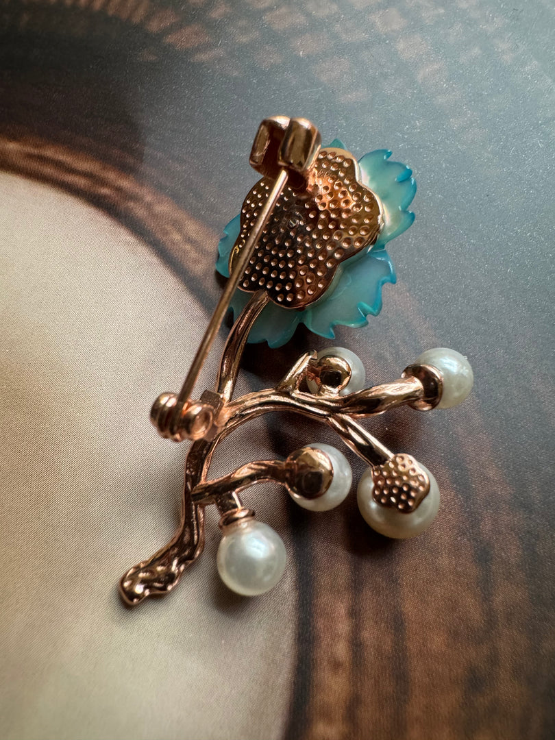 Blue Blossom Branch Pearl Brooch