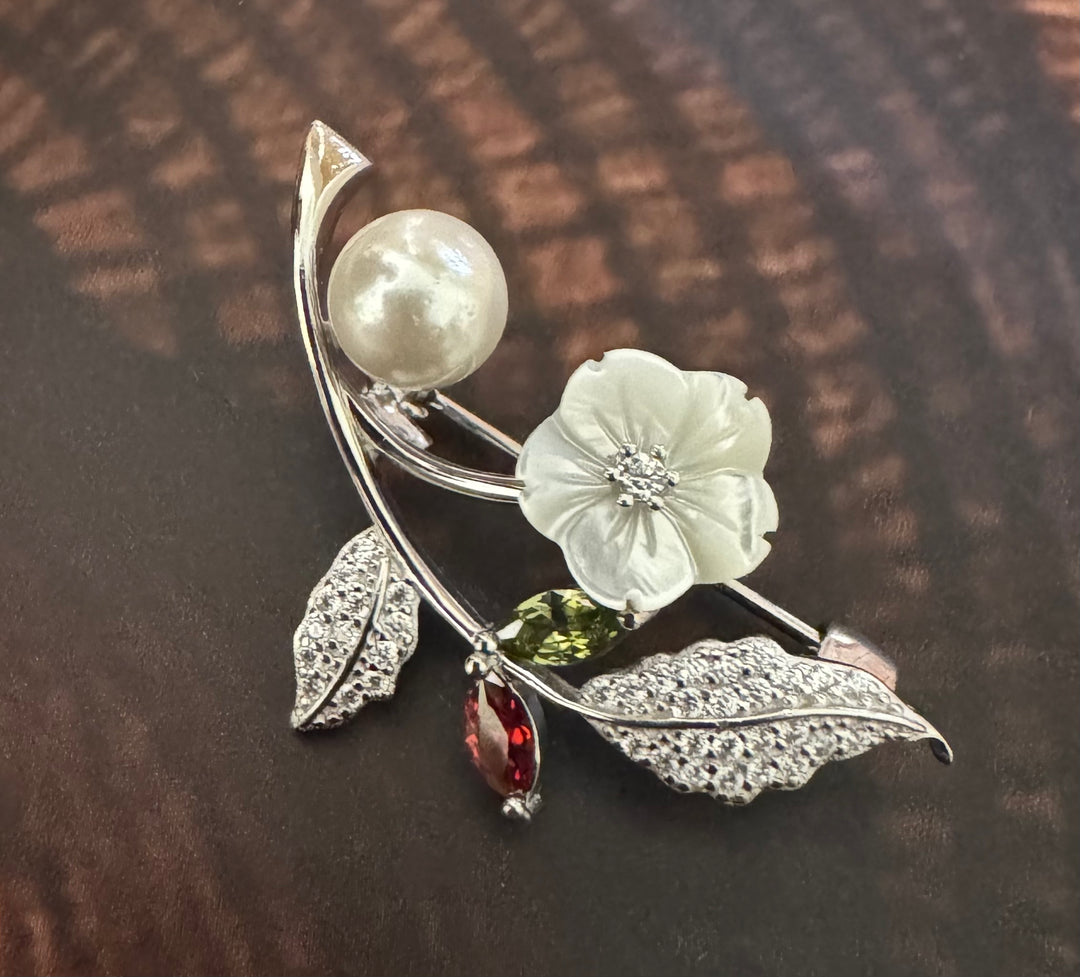 Crystal Leaf Pearl Bloom Brooch