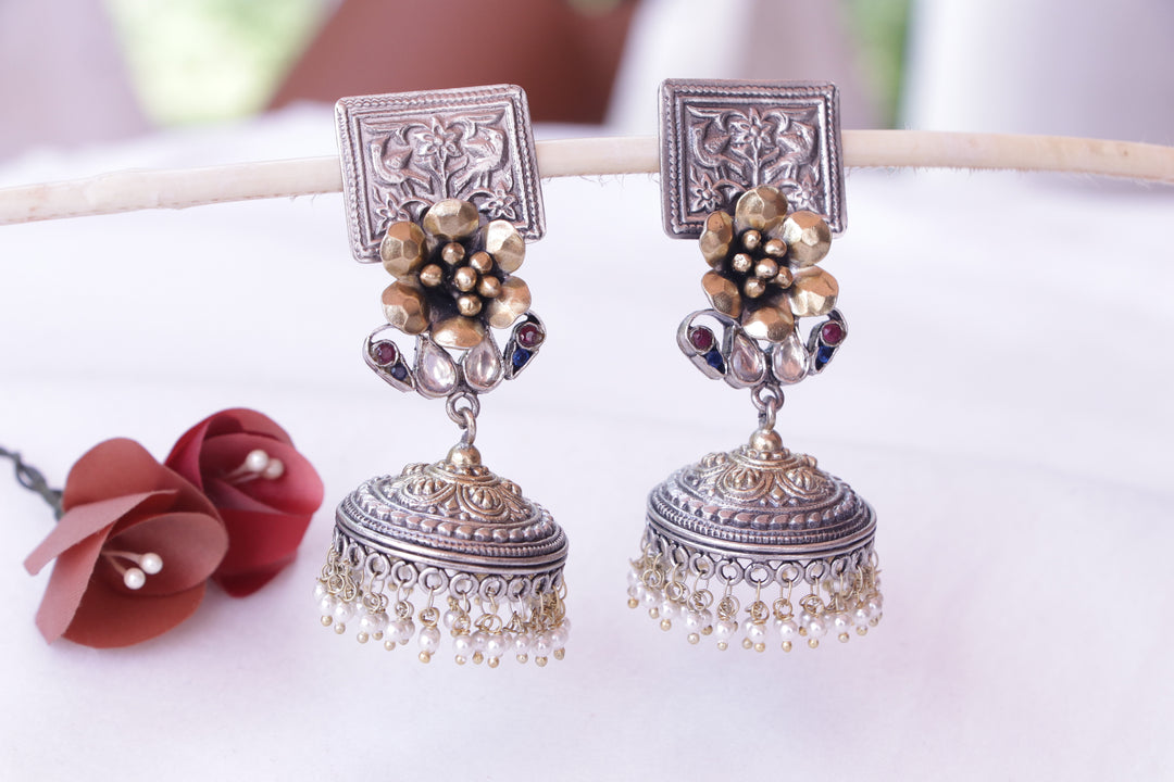 Silver Floral Temple Jhumka