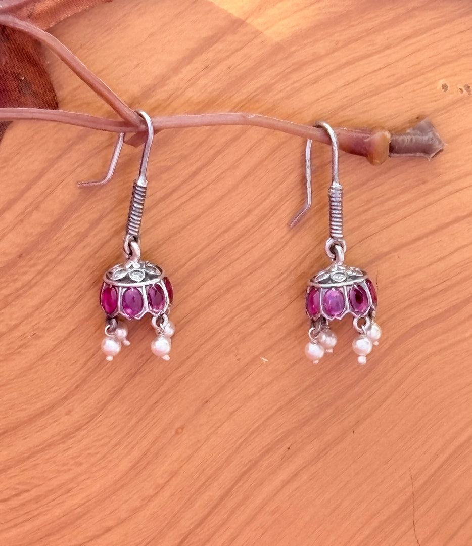 Silver Jhumka Earrings with Pink Stone