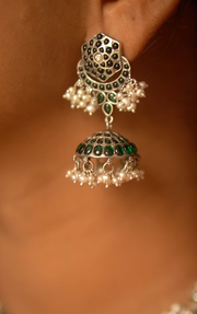 Green Stone Silver Chandbali Earrings