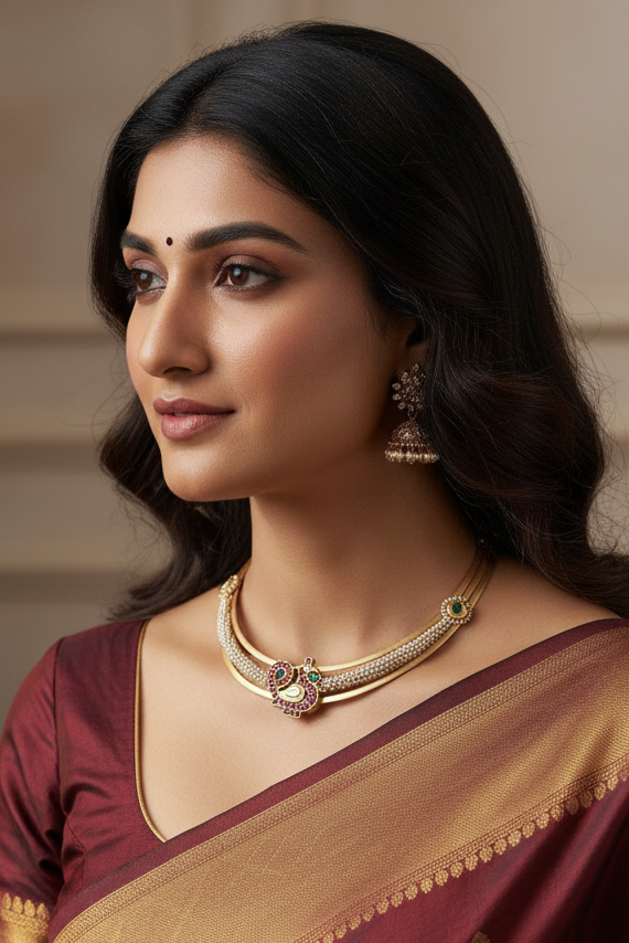 Gold polish hasli with kundan and pearl pendant