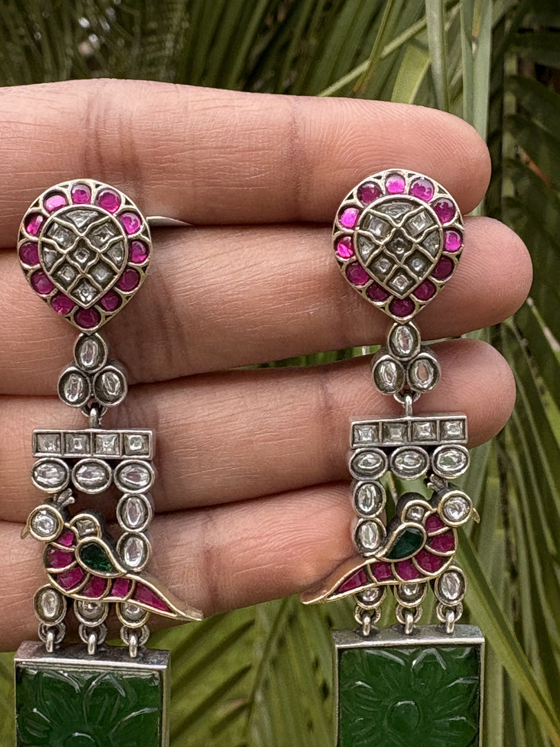 Peacock Carved Green Stone Earrings