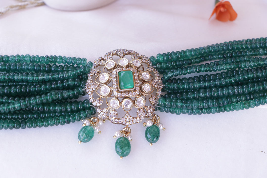 Gold polish Emerald Royale choker with moissanite pendant