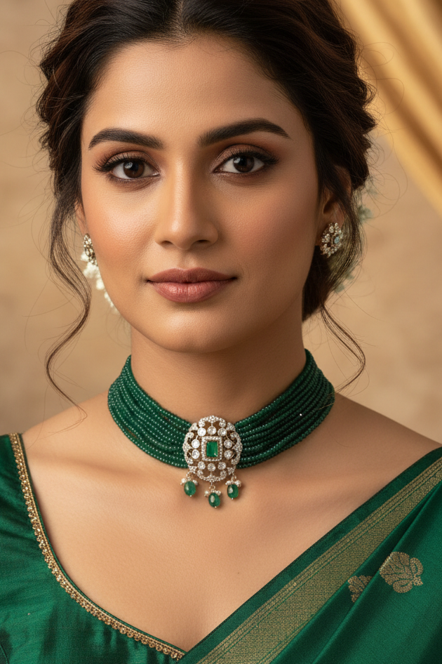 Gold polish Emerald Royale choker with moissanite pendant