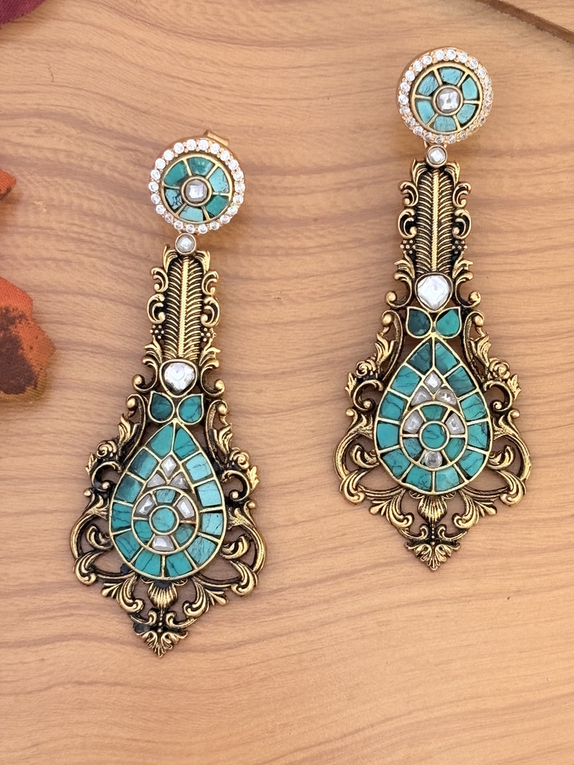 Gold-Plated Turquoise Long Earrings