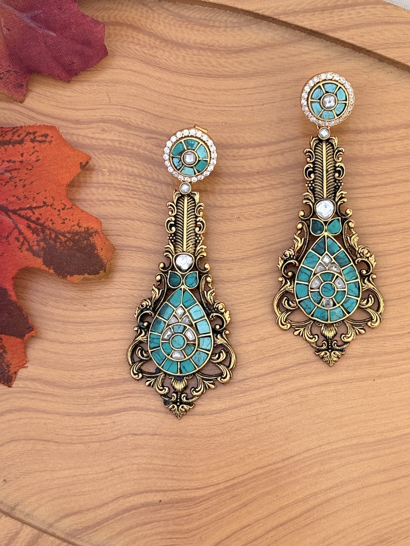 Gold-Plated Turquoise Long Earrings