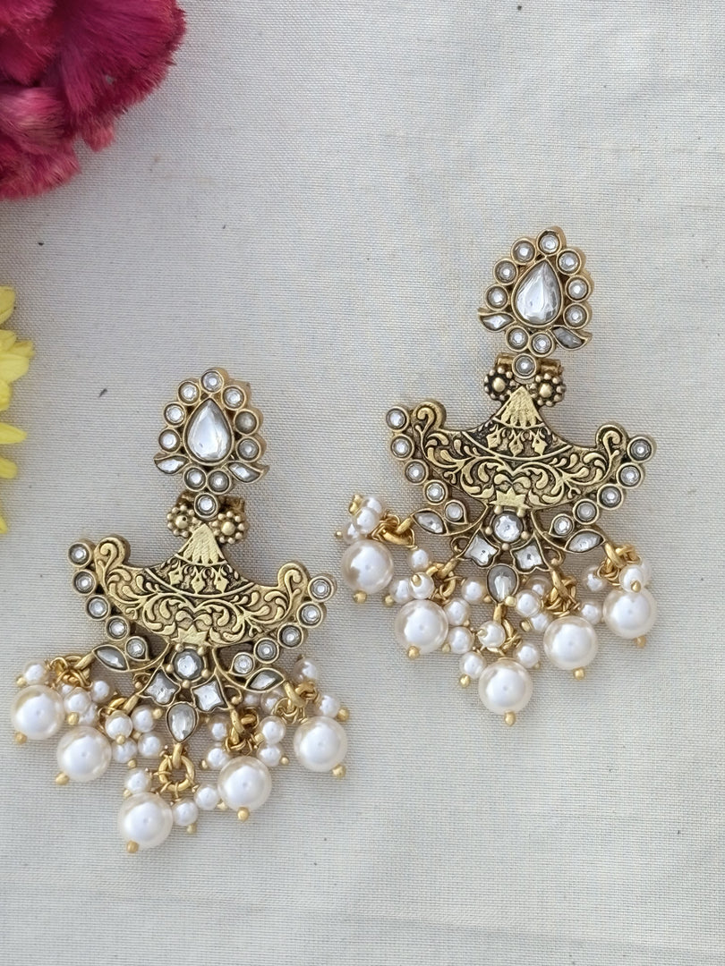 Antique Kundan Pearl Chandbali Earrings