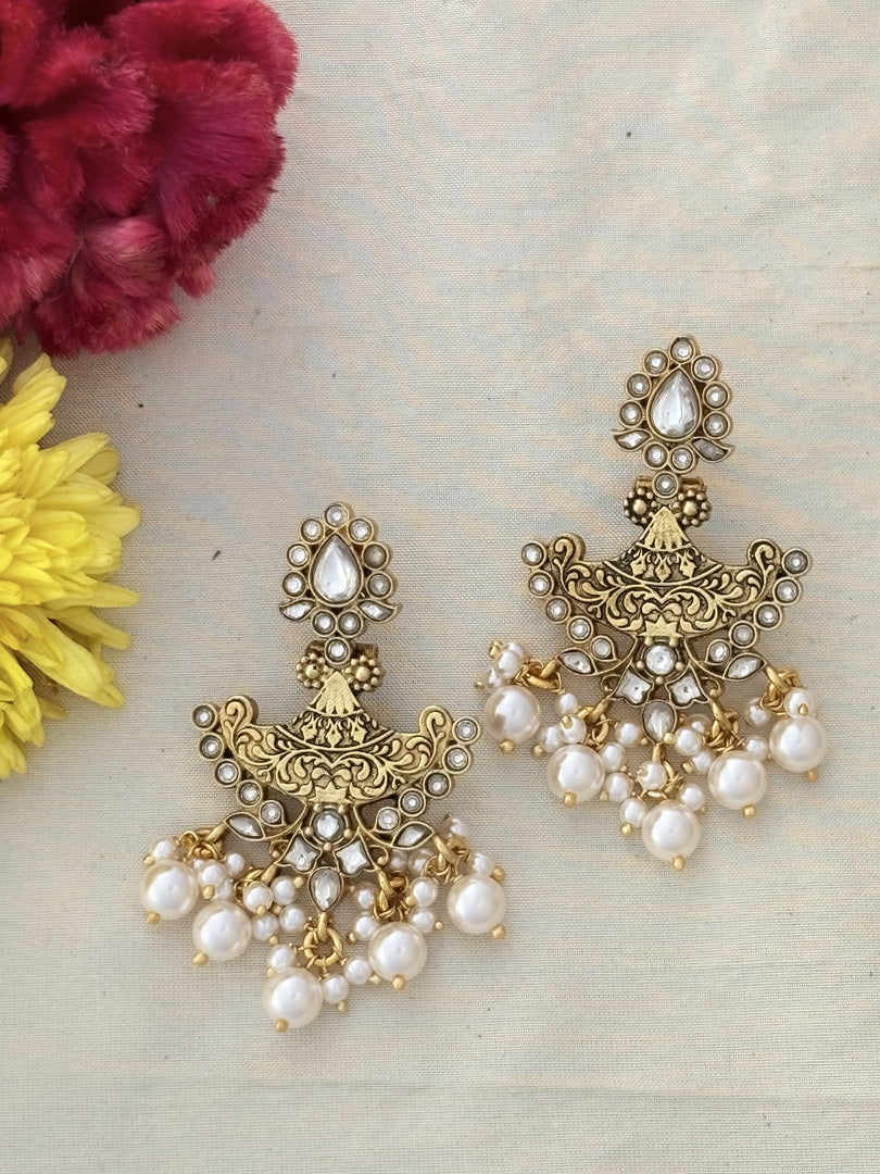 Antique Kundan Pearl Chandbali Earrings
