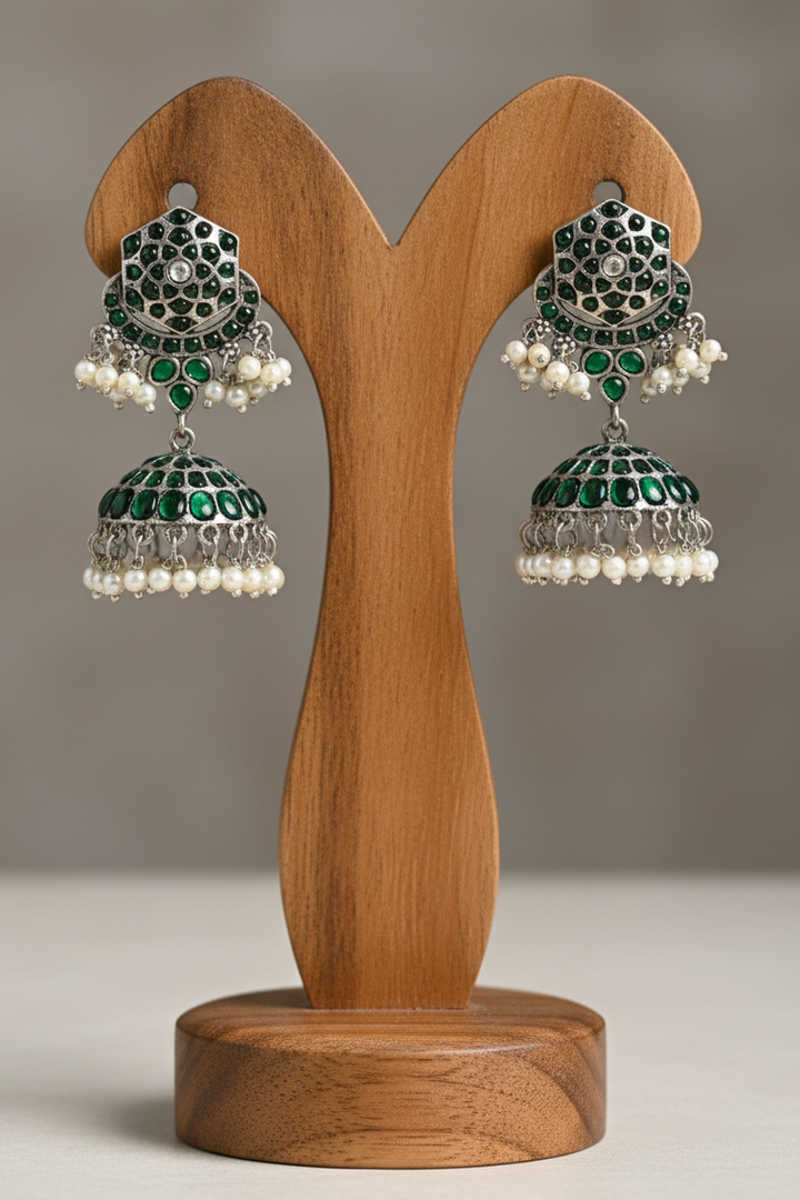 Green Stone Silver Chandbali Earrings